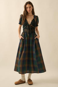 True Country Plaid and Lace Puff-Sleeve Midi Dress - ShopPromesa