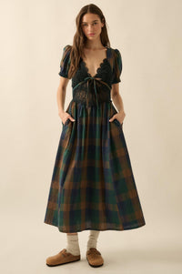 True Country Plaid and Lace Puff-Sleeve Midi Dress - ShopPromesa