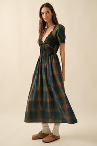 True Country Plaid and Lace Puff-Sleeve Midi Dress - ShopPromesa