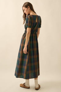 True Country Plaid and Lace Puff-Sleeve Midi Dress - ShopPromesa