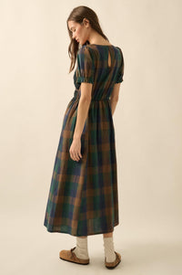 True Country Plaid and Lace Puff-Sleeve Midi Dress - ShopPromesa