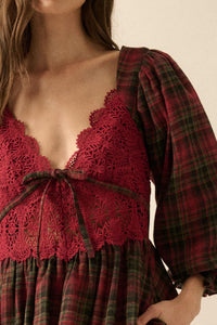 Country Cottage Plaid and Lace Bubble Mini Dress - ShopPromesa