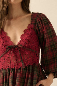 Country Cottage Plaid and Lace Bubble Mini Dress - ShopPromesa