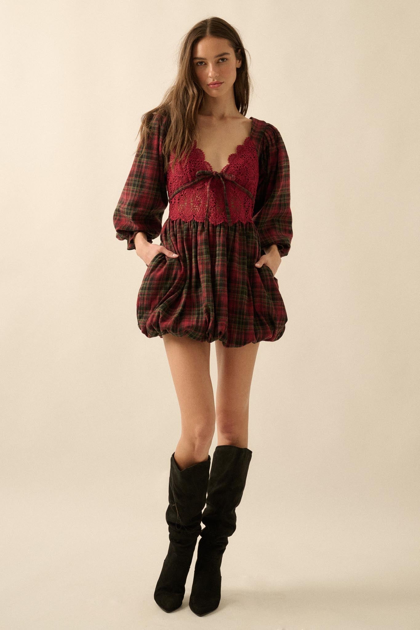 Country Cottage Plaid and Lace Bubble Mini Dress Sand / M Country Cottage Plaid and Lace Bubble Mini Dress Sand / M