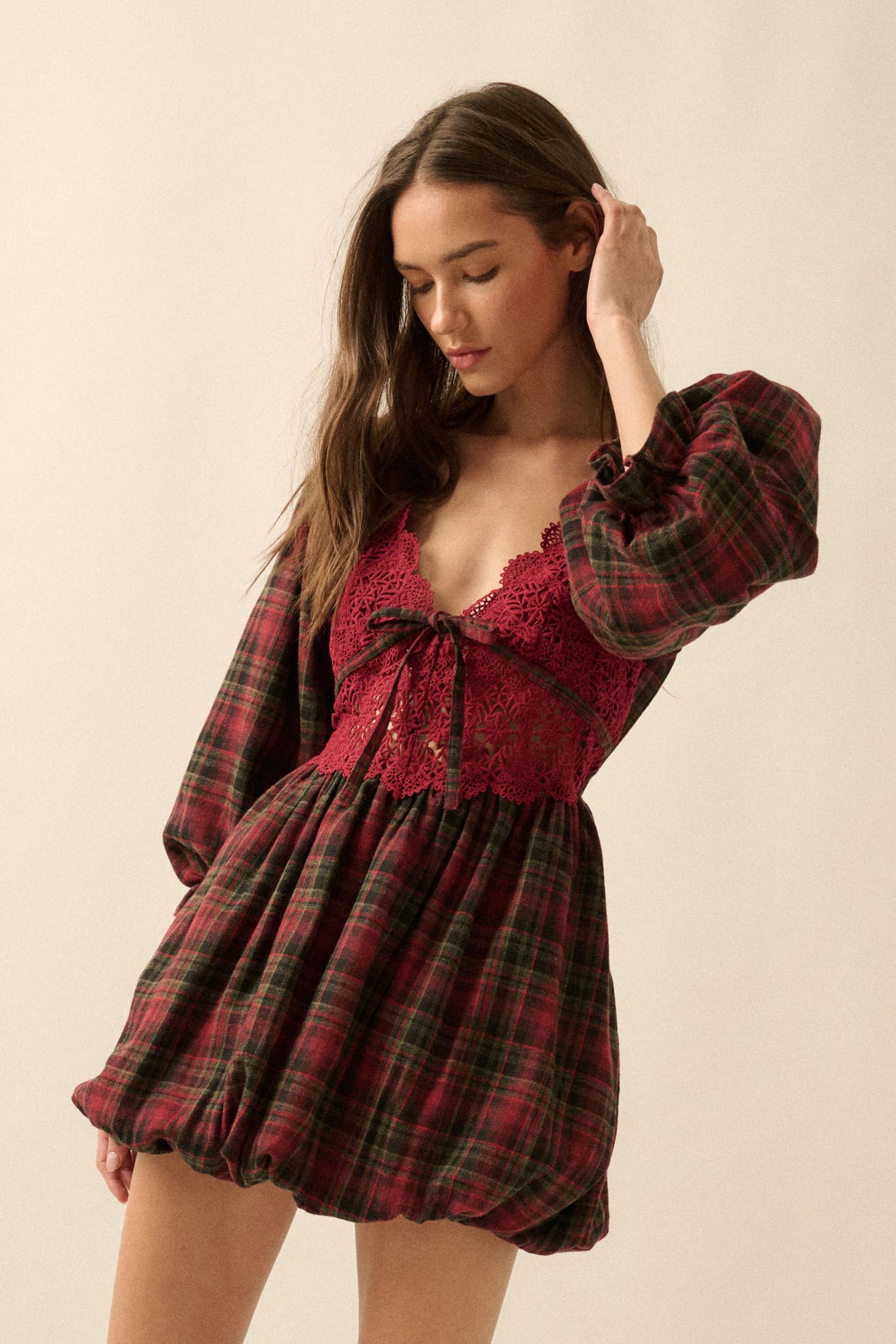 Country Cottage Plaid and Lace Bubble Mini Dress, Baked Plum / M
