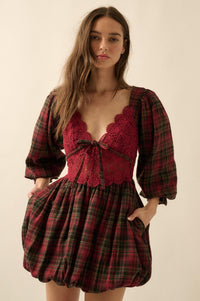 Country Cottage Plaid and Lace Bubble Mini Dress - ShopPromesa