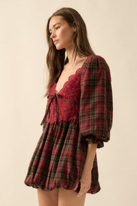 Country Cottage Plaid and Lace Bubble Mini Dress - ShopPromesa
