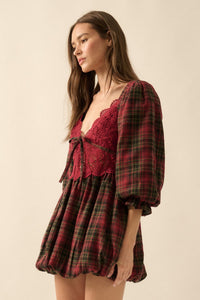 Country Cottage Plaid and Lace Bubble Mini Dress - ShopPromesa