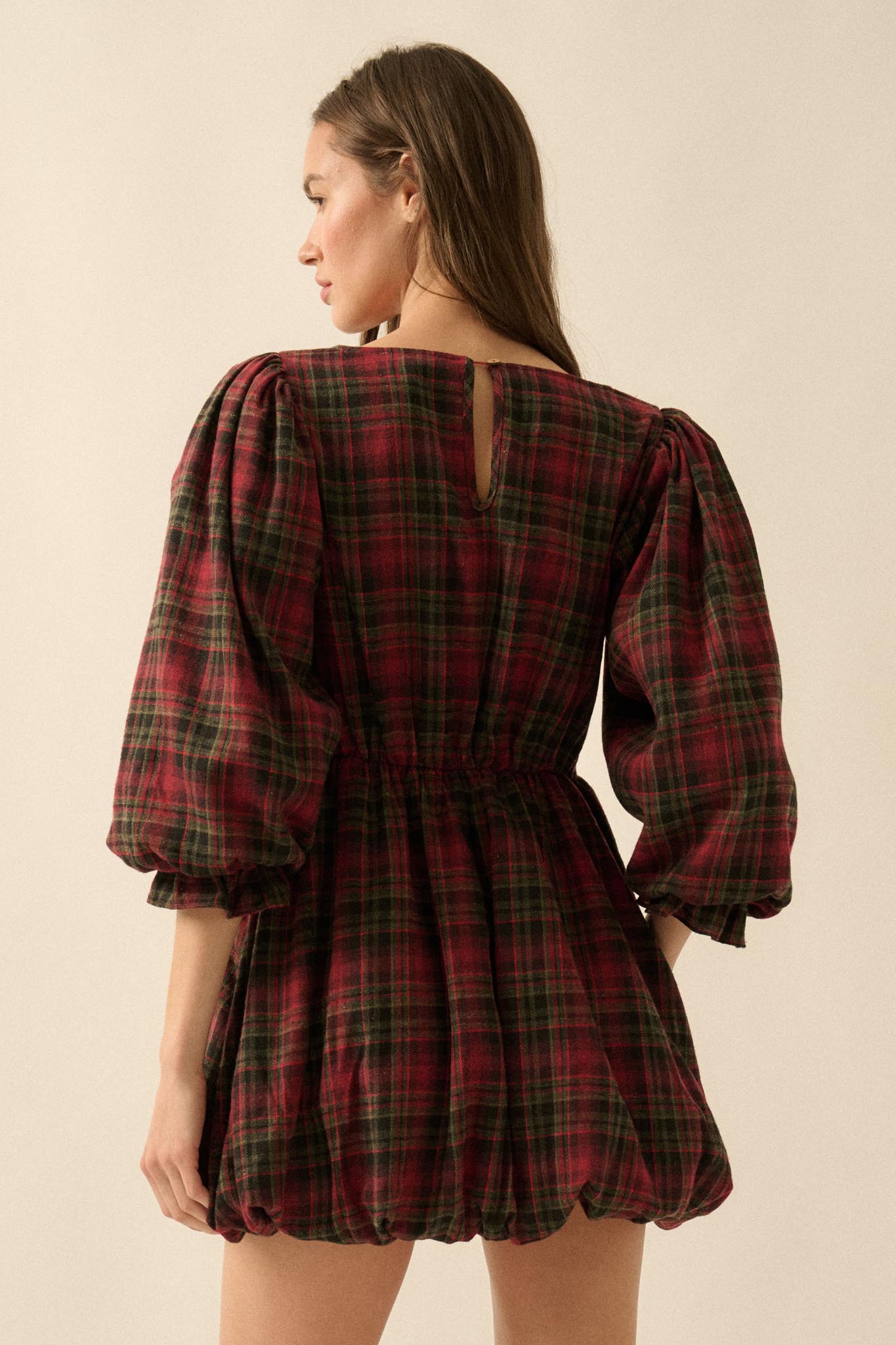 Country Cottage Plaid and Lace Bubble Mini Dress Sand / M Country Cottage Plaid and Lace Bubble Mini Dress Sand / M