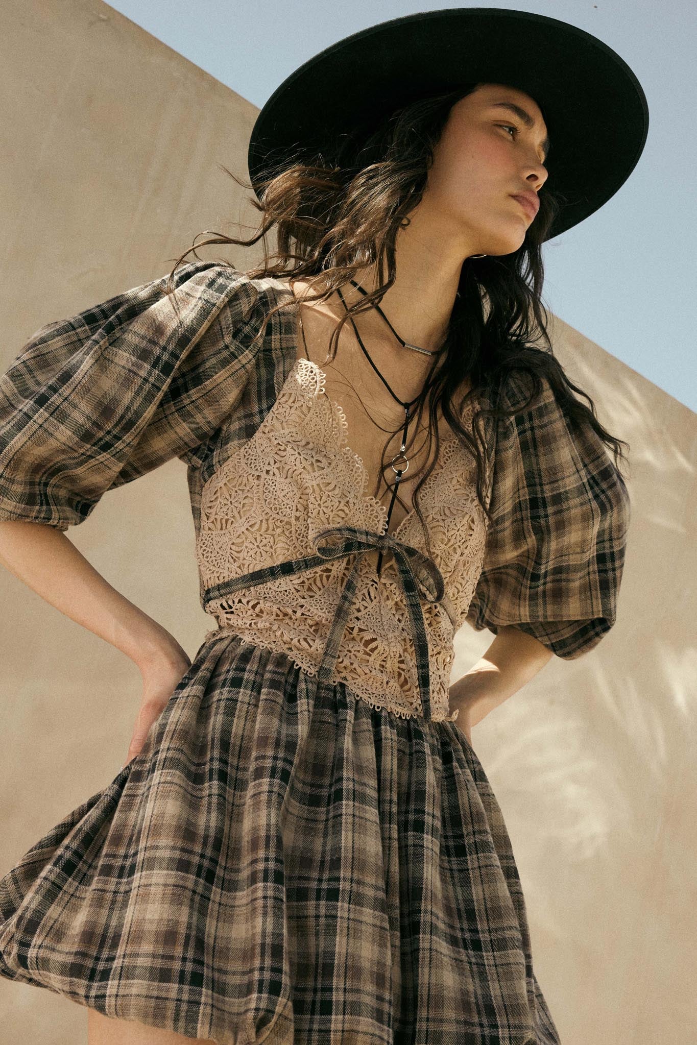 Country Cottage Plaid and Lace Bubble Mini Dress Sand / M