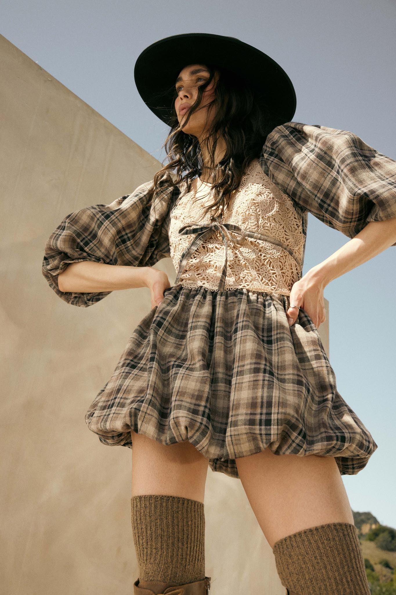 Country Cottage Plaid and Lace Bubble Mini Dress Sand / M Country Cottage Plaid and Lace Bubble Mini Dress Sand / M
