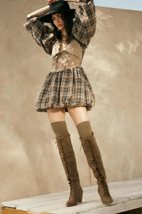 Country Cottage Plaid and Lace Bubble Mini Dress - ShopPromesa