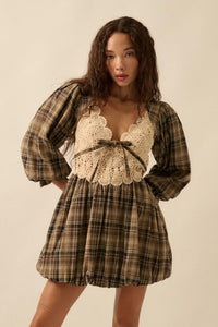 Country Cottage Plaid and Lace Bubble Mini Dress - ShopPromesa