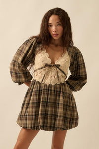 Country Cottage Plaid and Lace Bubble Mini Dress - ShopPromesa
