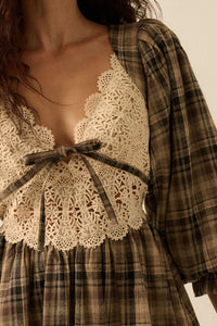 Country Cottage Plaid and Lace Bubble Mini Dress - ShopPromesa
