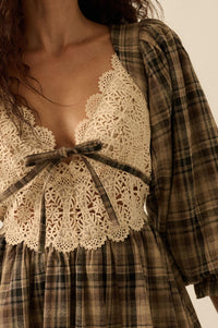 Country Cottage Plaid and Lace Bubble Mini Dress - ShopPromesa