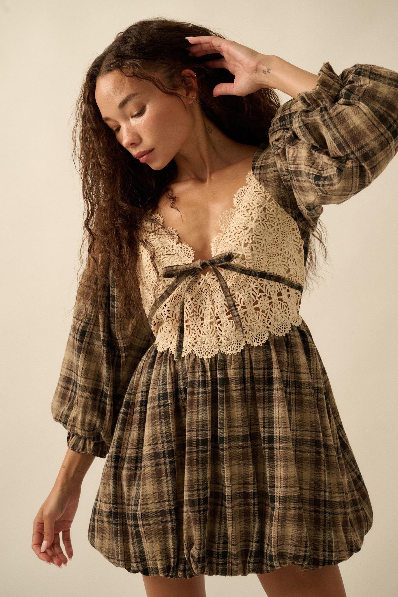 plaid and lace dress True Country Plaid and Lace Puff-Sleeve Midi Dress Black / L