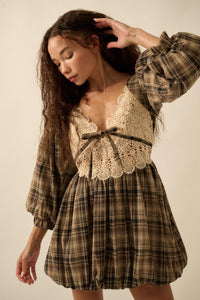 Country Cottage Plaid and Lace Bubble Mini Dress - ShopPromesa