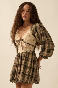Country Cottage Plaid and Lace Bubble Mini Dress - ShopPromesa