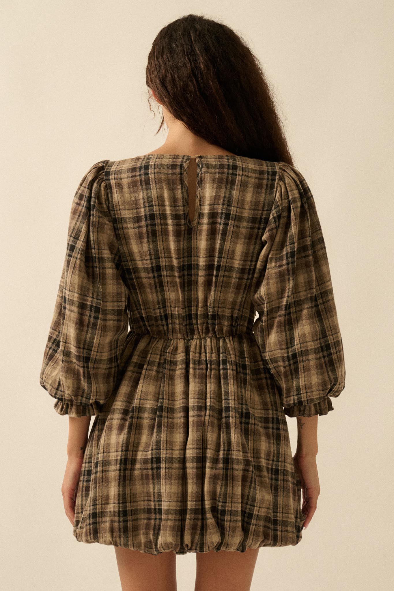 Country Cottage Plaid and Lace Bubble Mini Dress Sand / M Country Cottage Plaid and Lace Bubble Mini Dress Sand / M