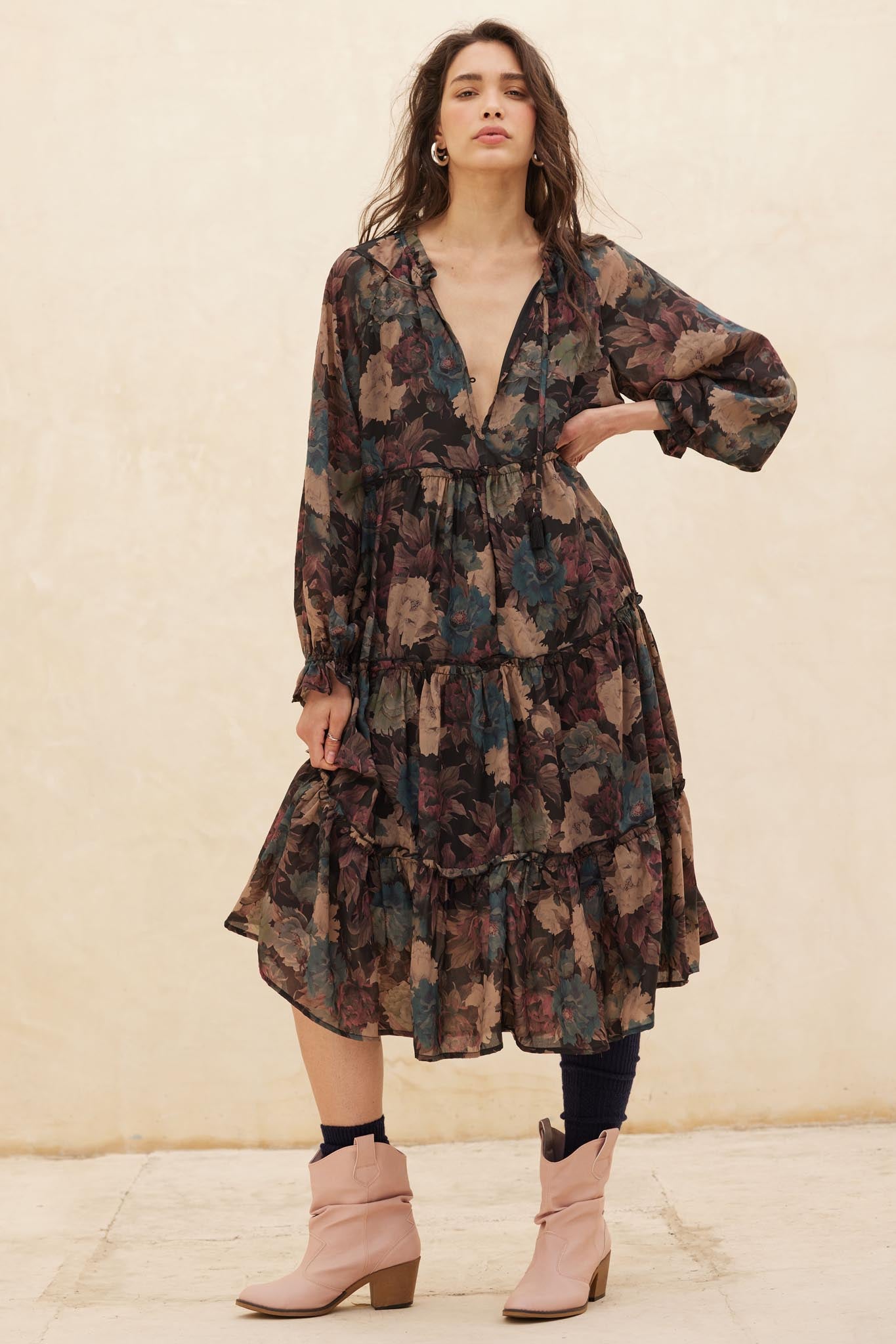 Potpourri Grove Tiered Floral Midi Prairie Dress - ShopPromesa