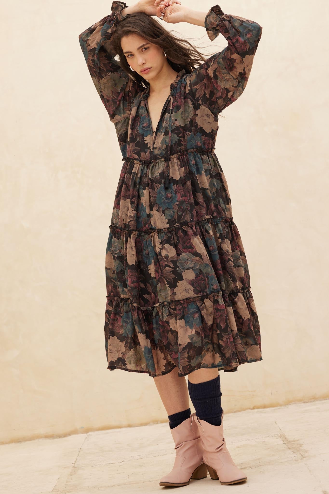 Potpourri Grove Tiered Floral Midi Prairie Dress - ShopPromesa