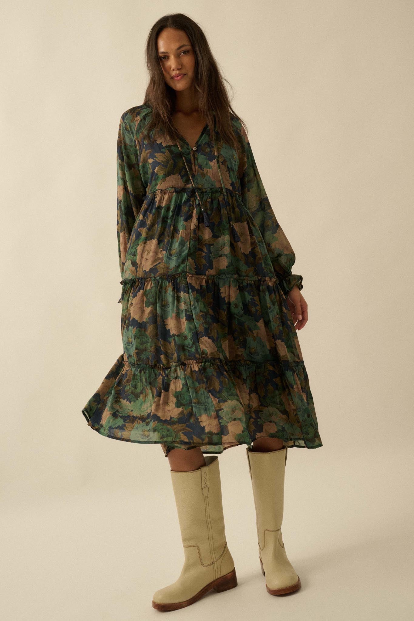 Potpourri Grove Tiered Floral Midi Prairie Dress - ShopPromesa