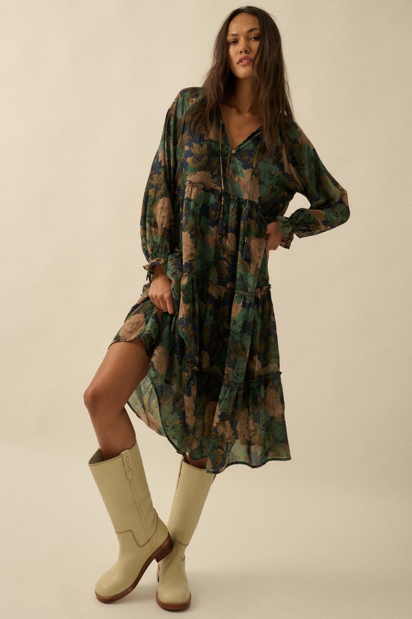 Potpourri Grove Tiered Floral Midi Prairie Dress - ShopPromesa