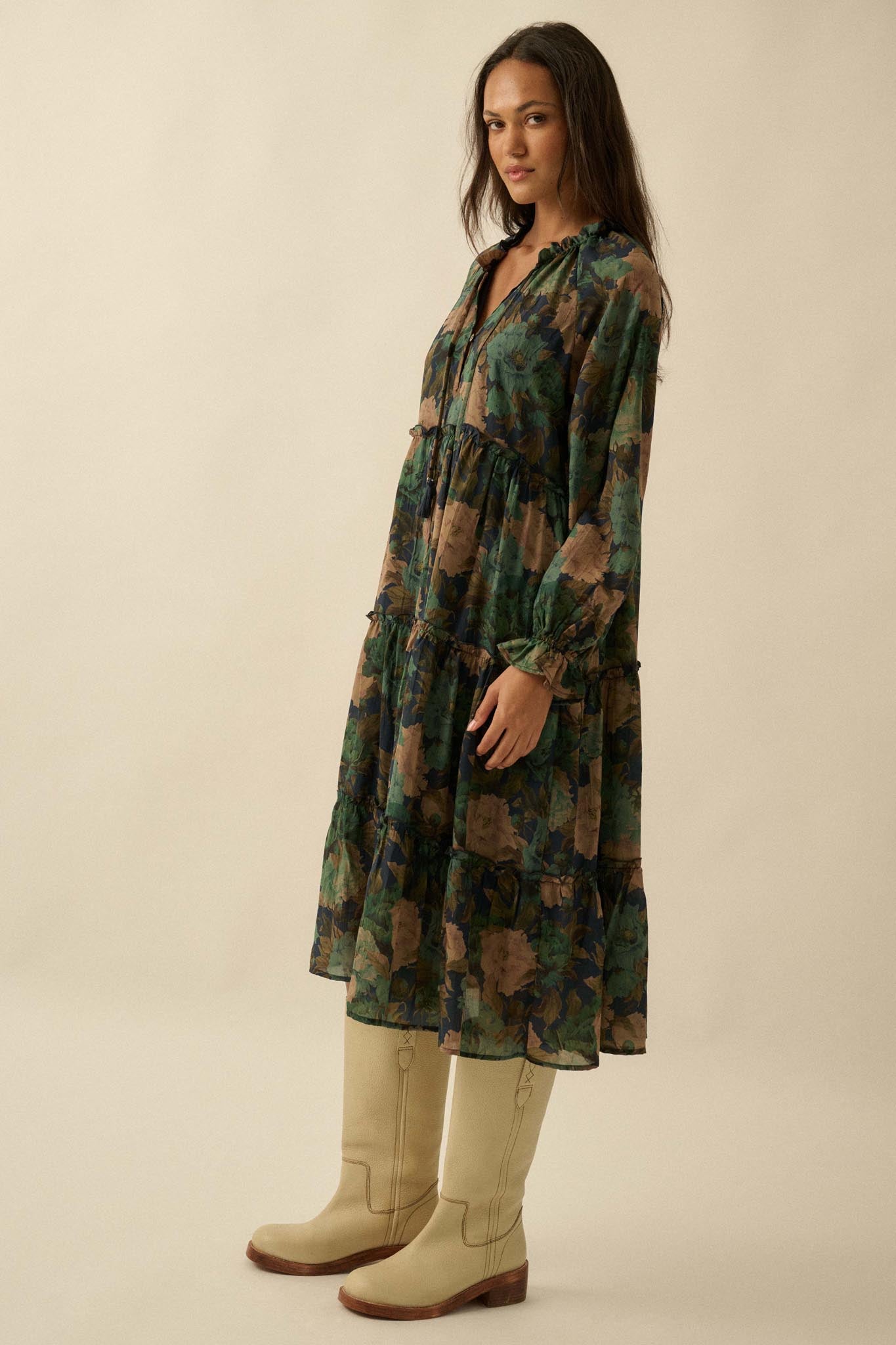 Potpourri Grove Tiered Floral Midi Prairie Dress - ShopPromesa