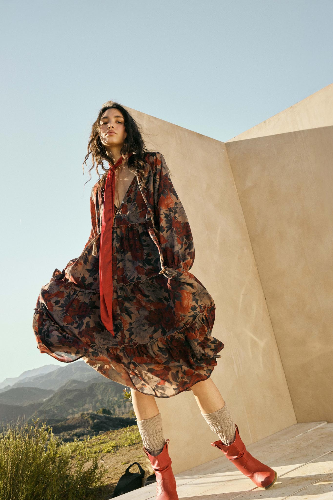 Potpourri Grove Tiered Floral Midi Prairie Dress Black / S Potpourri Grove Tiered Floral Midi Prairie Dress Black / S