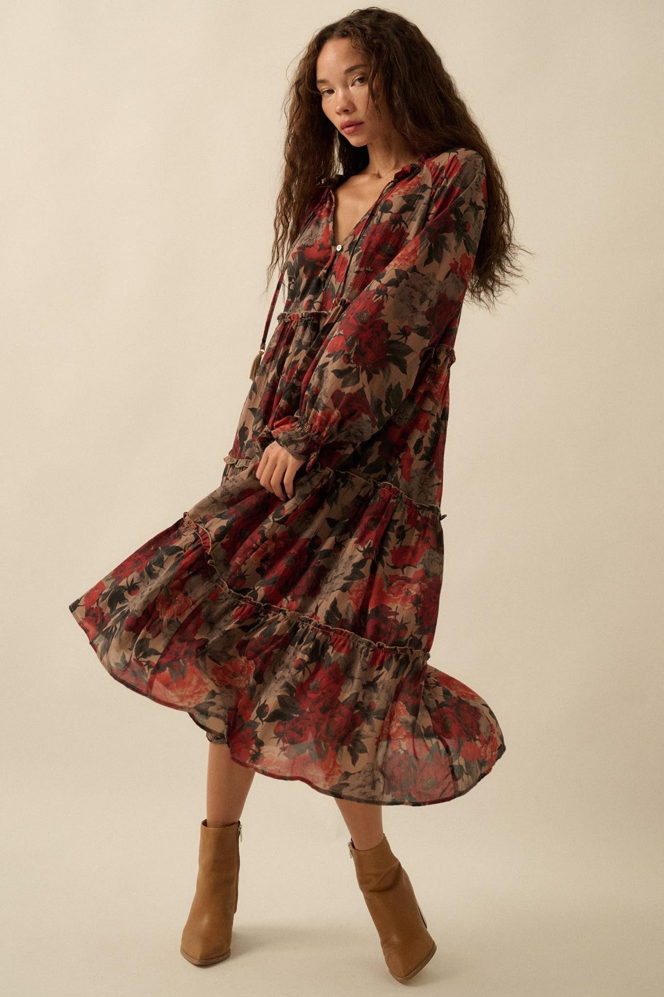Potpourri Grove Tiered Floral Midi Prairie Dress - ShopPromesa
