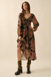 Peaceful Petals Smocked Floral Midi Peasant Dress - ShopPromesa