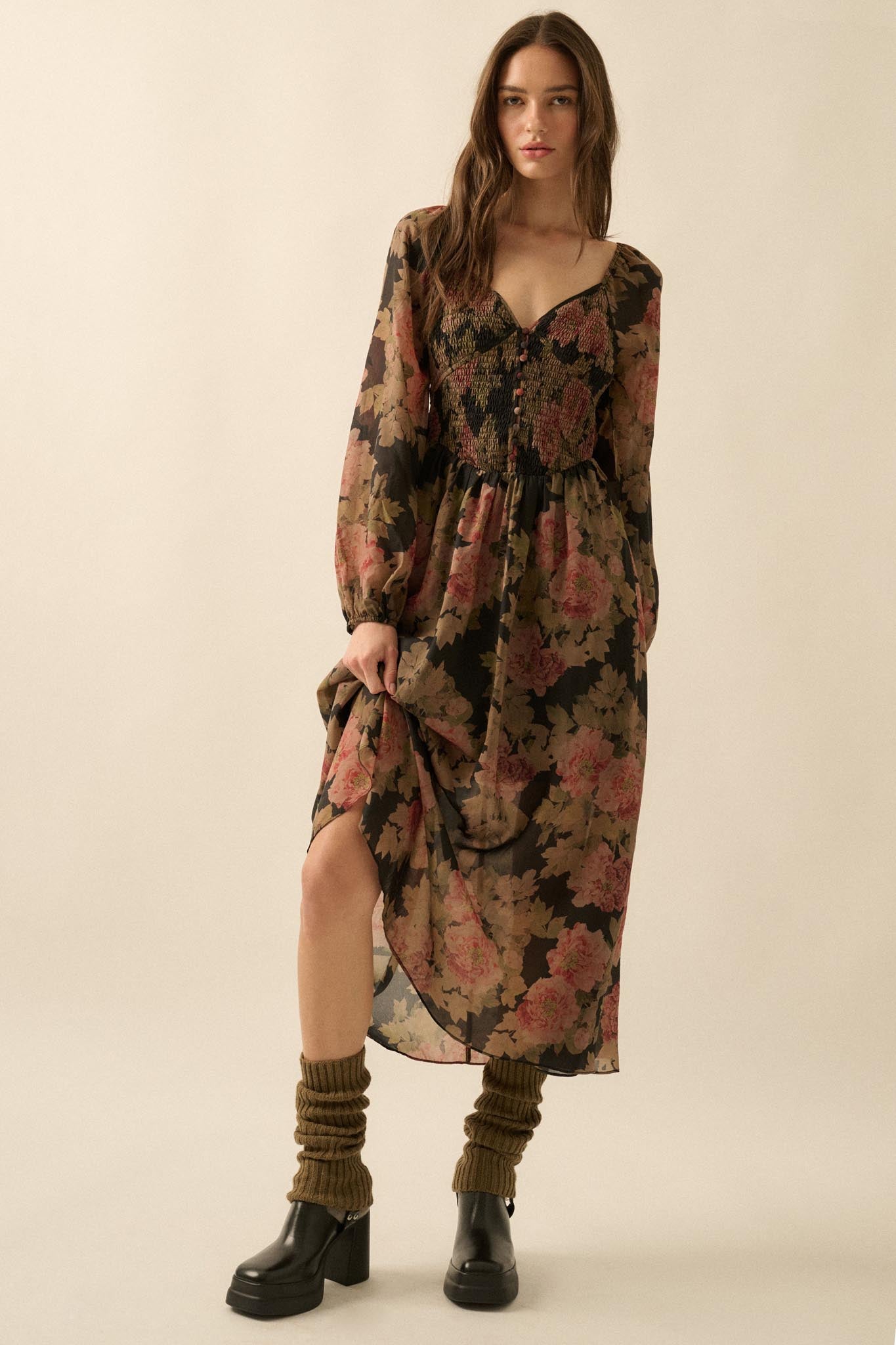 Peaceful Petals Smocked Floral Midi Peasant Dress - ShopPromesa