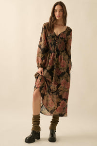 Peaceful Petals Smocked Floral Midi Peasant Dress - ShopPromesa