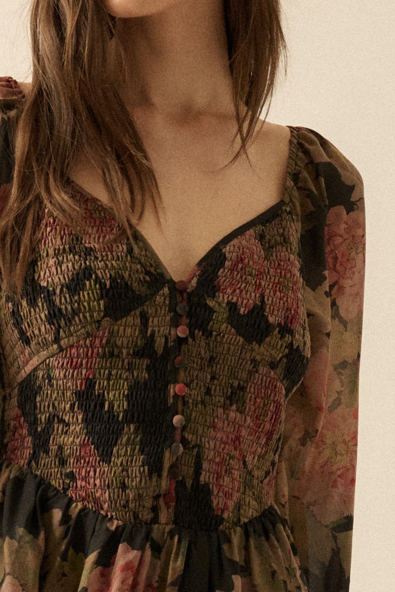 Peaceful Petals Smocked Floral Midi Peasant Dress - ShopPromesa