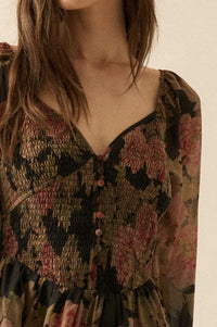 Peaceful Petals Smocked Floral Midi Peasant Dress - ShopPromesa