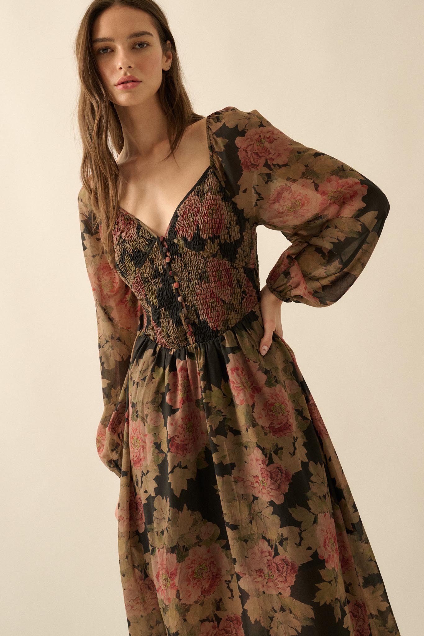 Peaceful Petals Smocked Floral Midi Peasant Dress - ShopPromesa