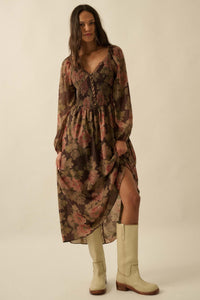 Peaceful Petals Smocked Floral Midi Peasant Dress - ShopPromesa