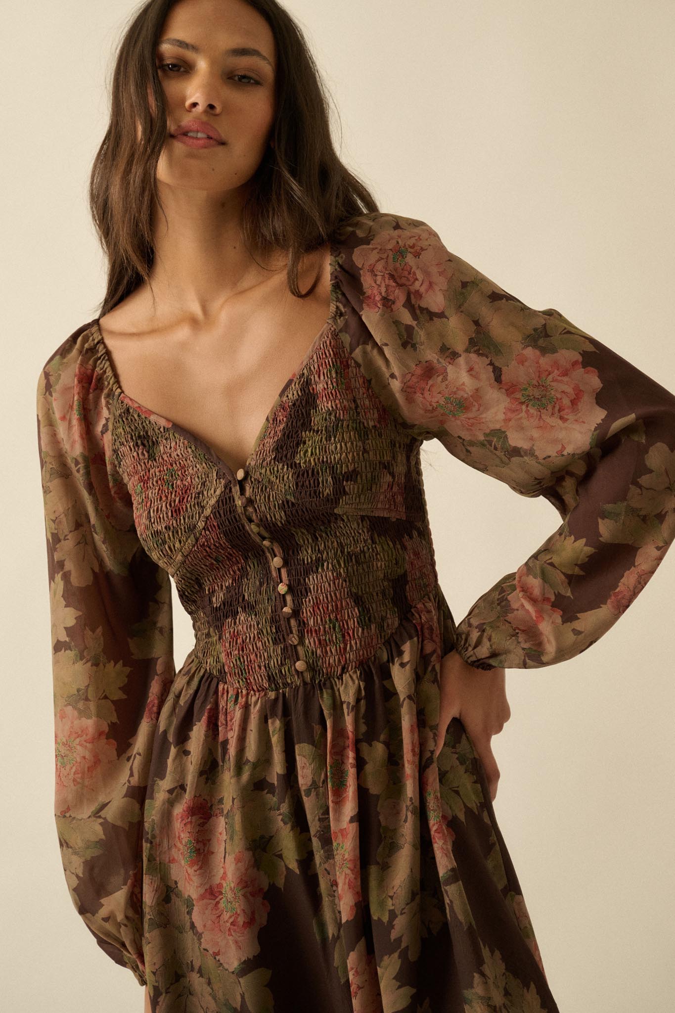 Peaceful Petals Smocked Floral Midi Peasant Dress - ShopPromesa