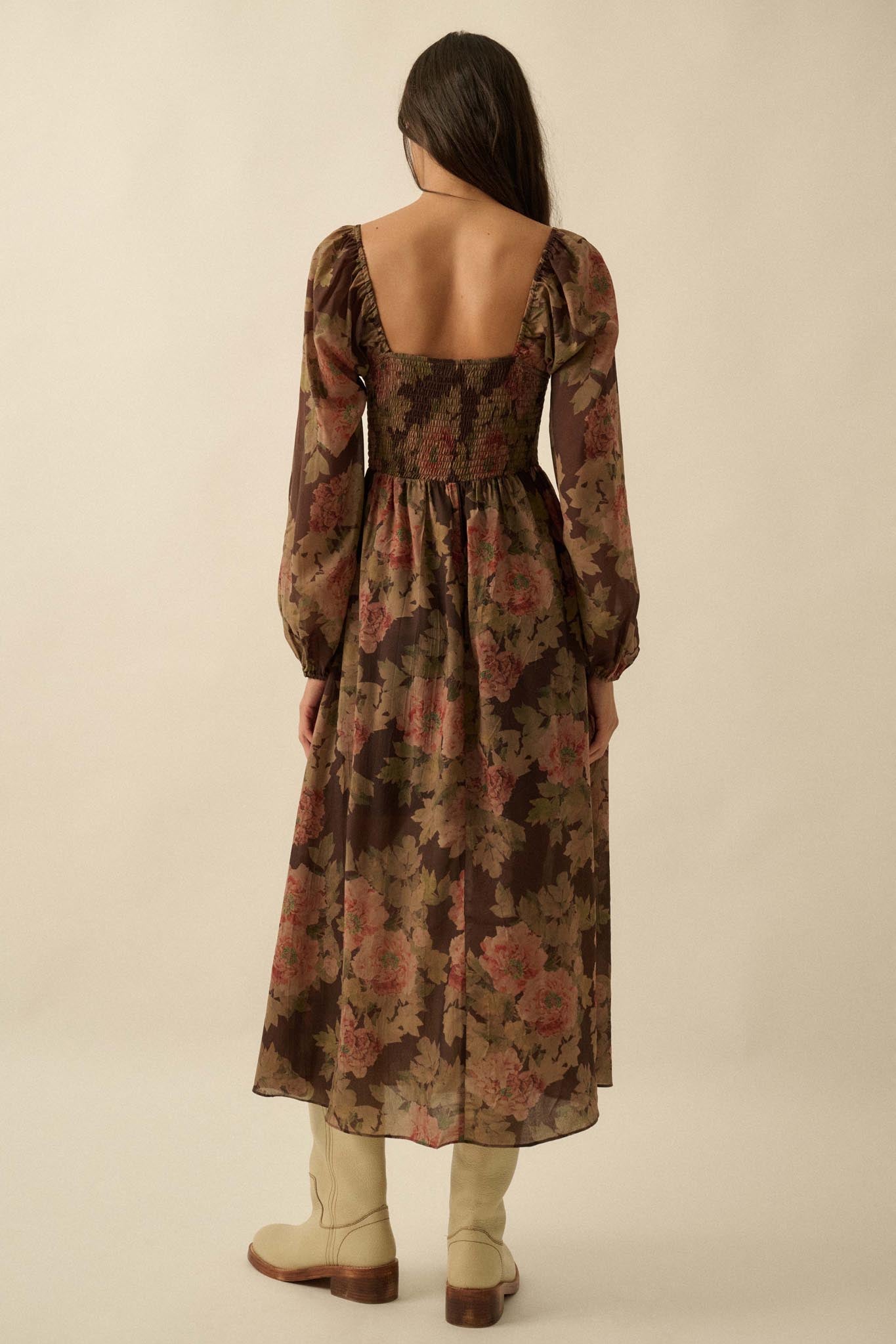 Peaceful Petals Smocked Floral Midi Peasant Dress - ShopPromesa