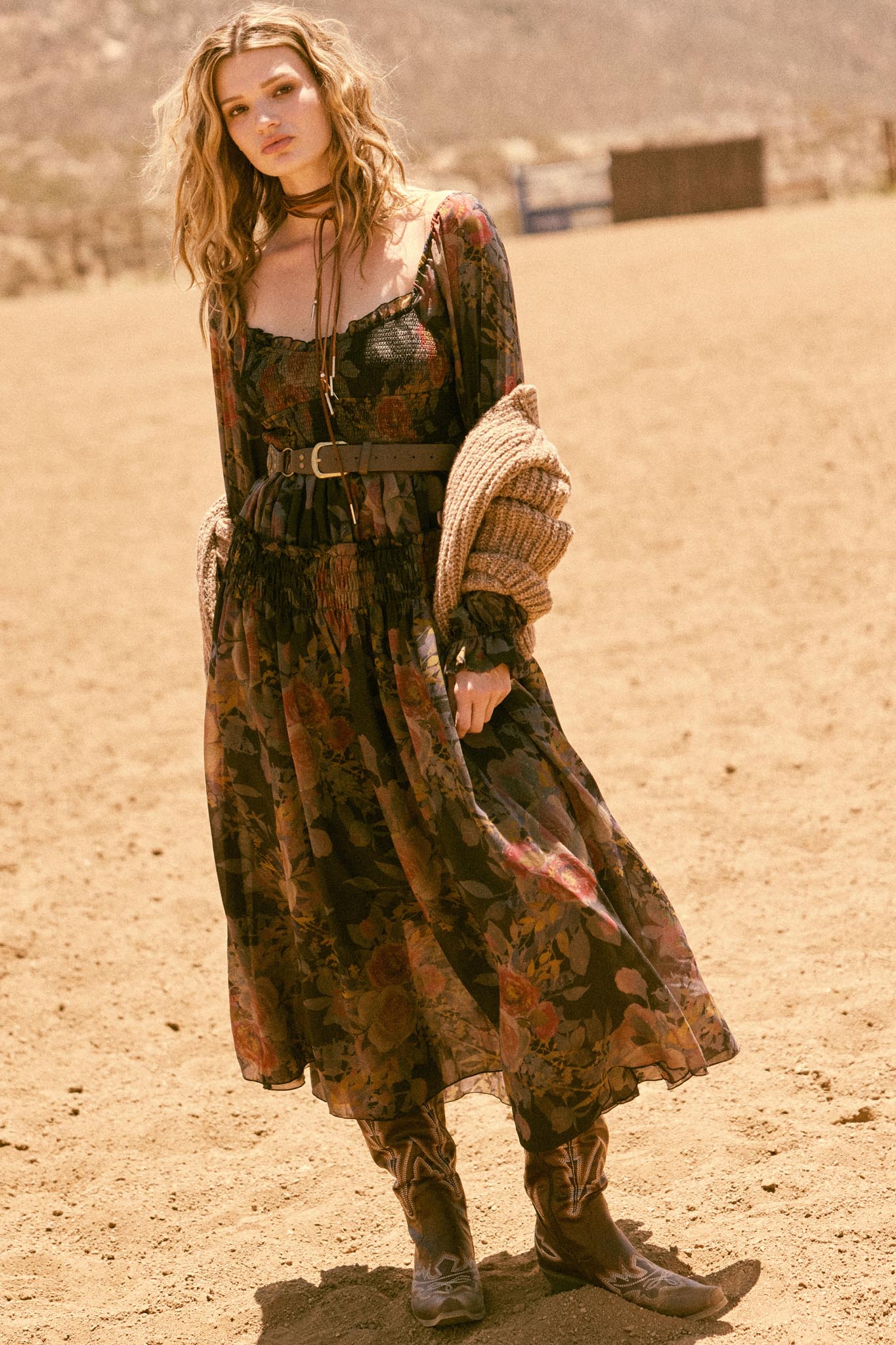 Wandering Rose Smocked Floral Chiffon Midi Dress Sand / M Wandering Rose Smocked Floral Chiffon Midi Dress Sand / M