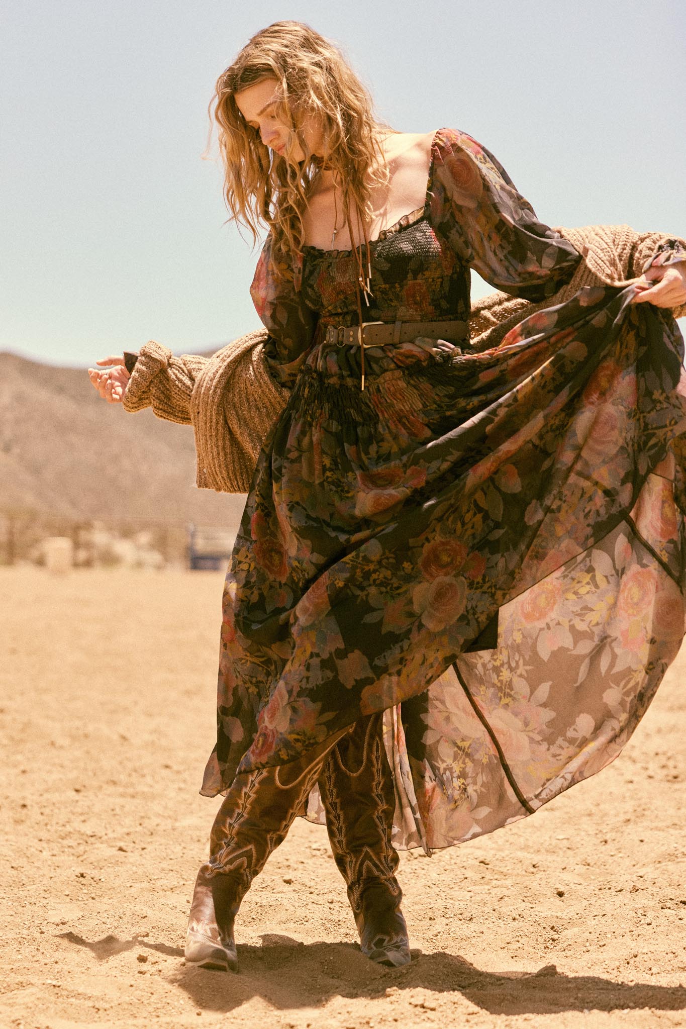 Wandering Rose Smocked Floral Chiffon Midi Dress