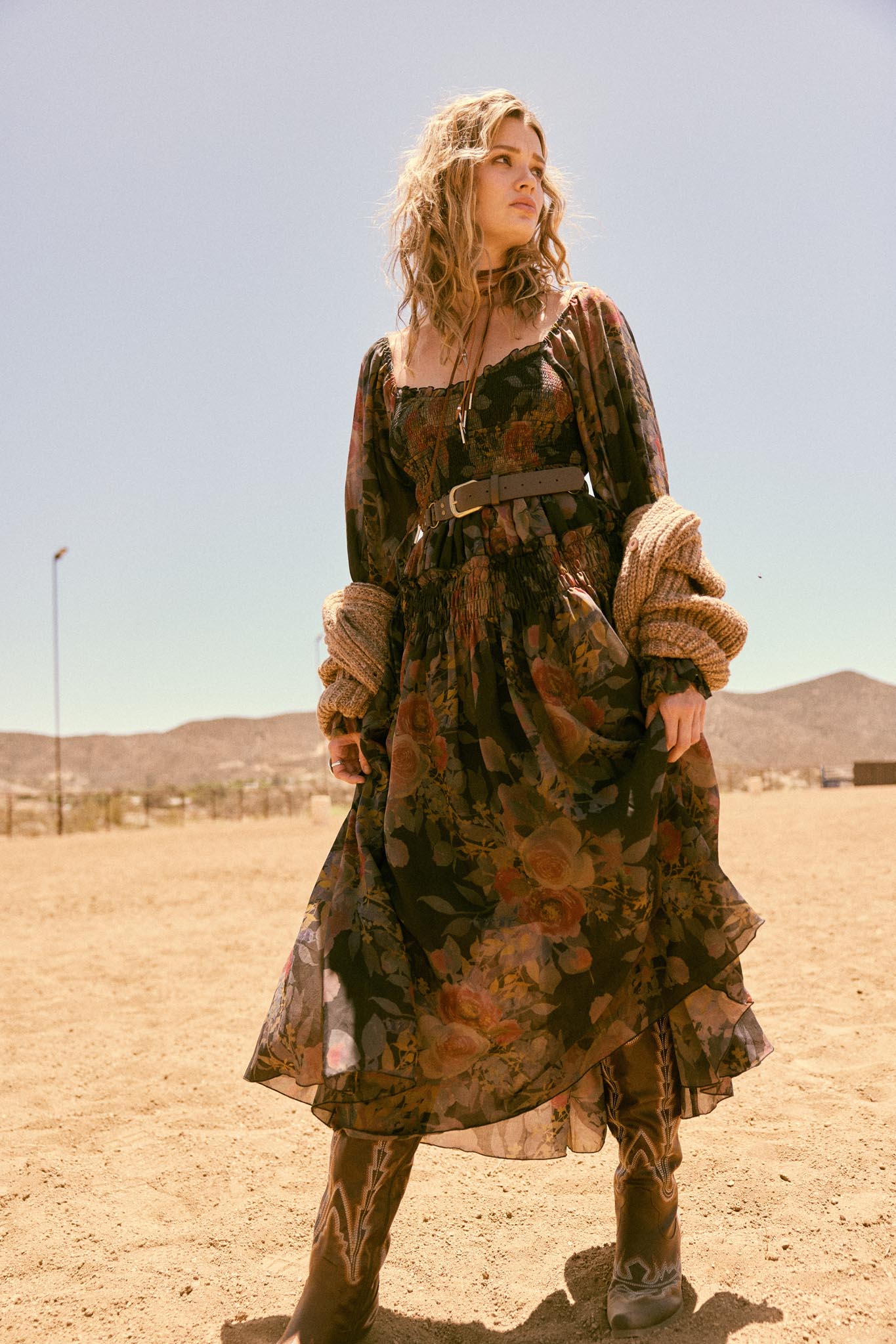 Wandering Rose Smocked Floral Chiffon Midi Dress Black / S Wandering Rose Smocked Floral Chiffon Midi Dress Black / S