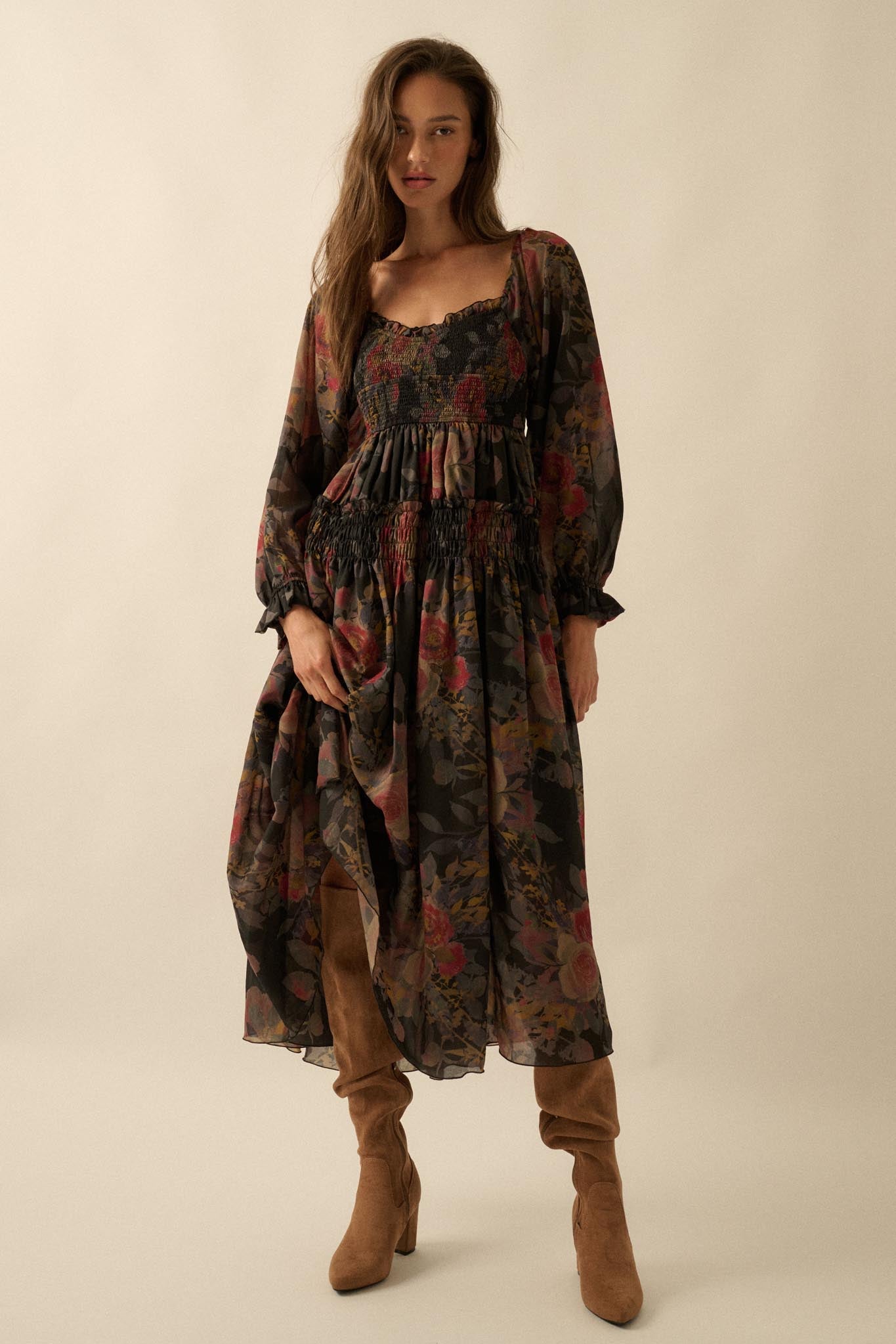 Wandering Rose Smocked Floral Chiffon Midi Dress Sand / M