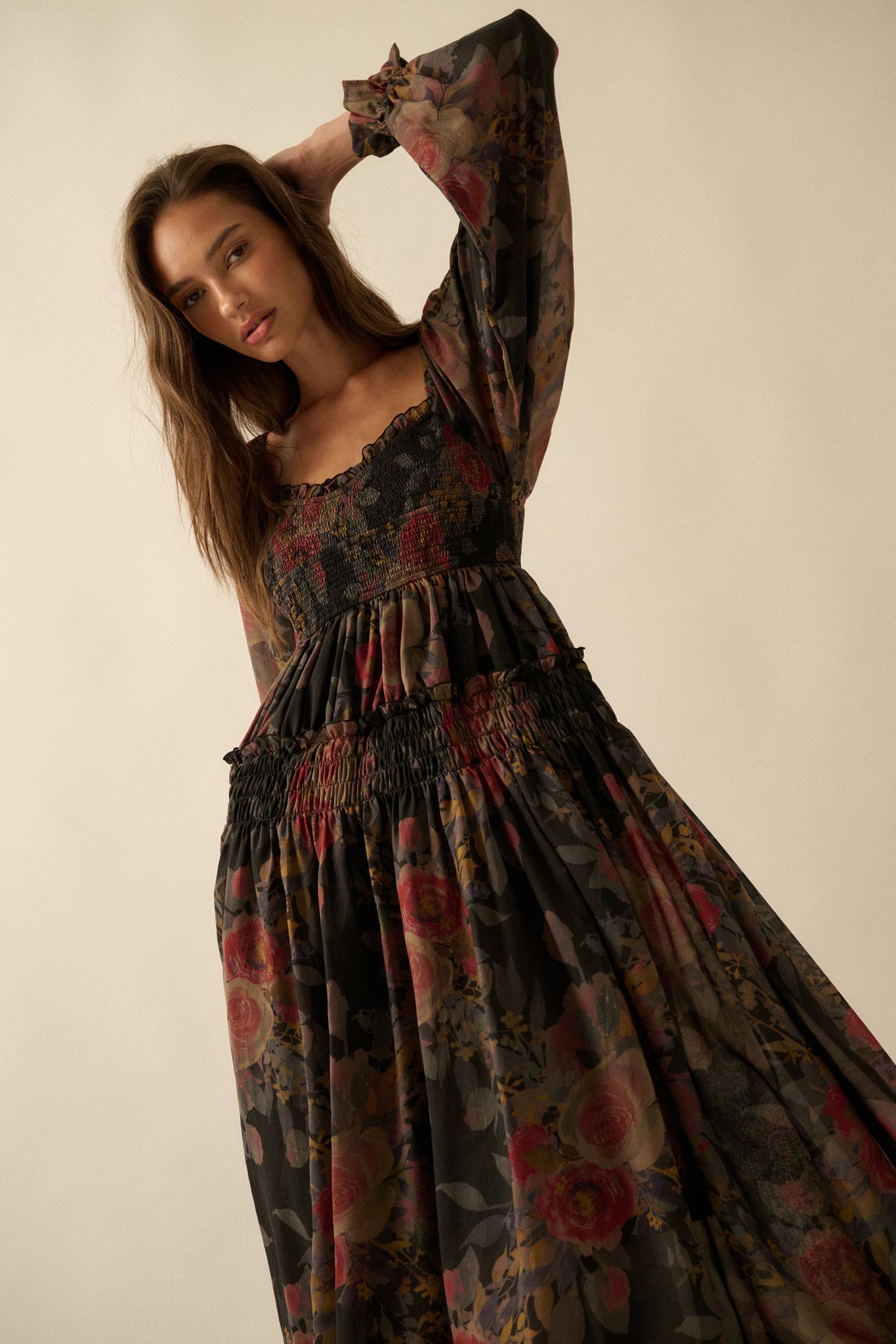 Wandering Rose Smocked Floral Chiffon Midi Dress Sand / M Wandering Rose Smocked Floral Chiffon Midi Dress Sand / M