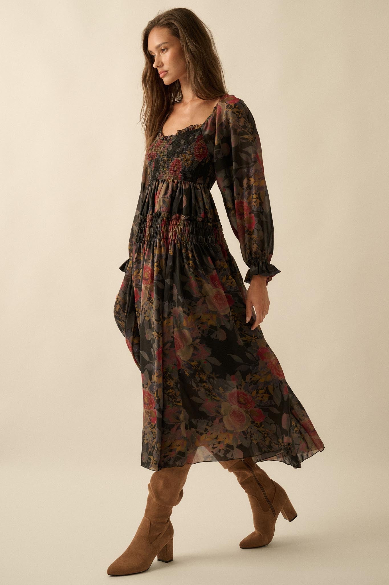 Wandering Rose Smocked Floral Chiffon Midi Dress Sand / M Wandering Rose Smocked Floral Chiffon Midi Dress Sand / M