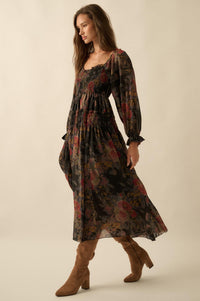 Wandering Rose Smocked Floral Chiffon Midi Dress - ShopPromesa