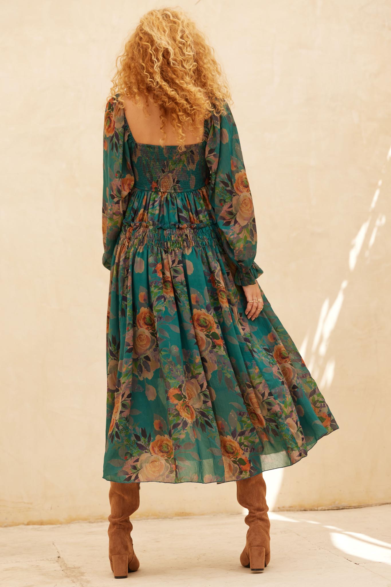 Wandering Rose Smocked Floral Chiffon Midi Dress - ShopPromesa