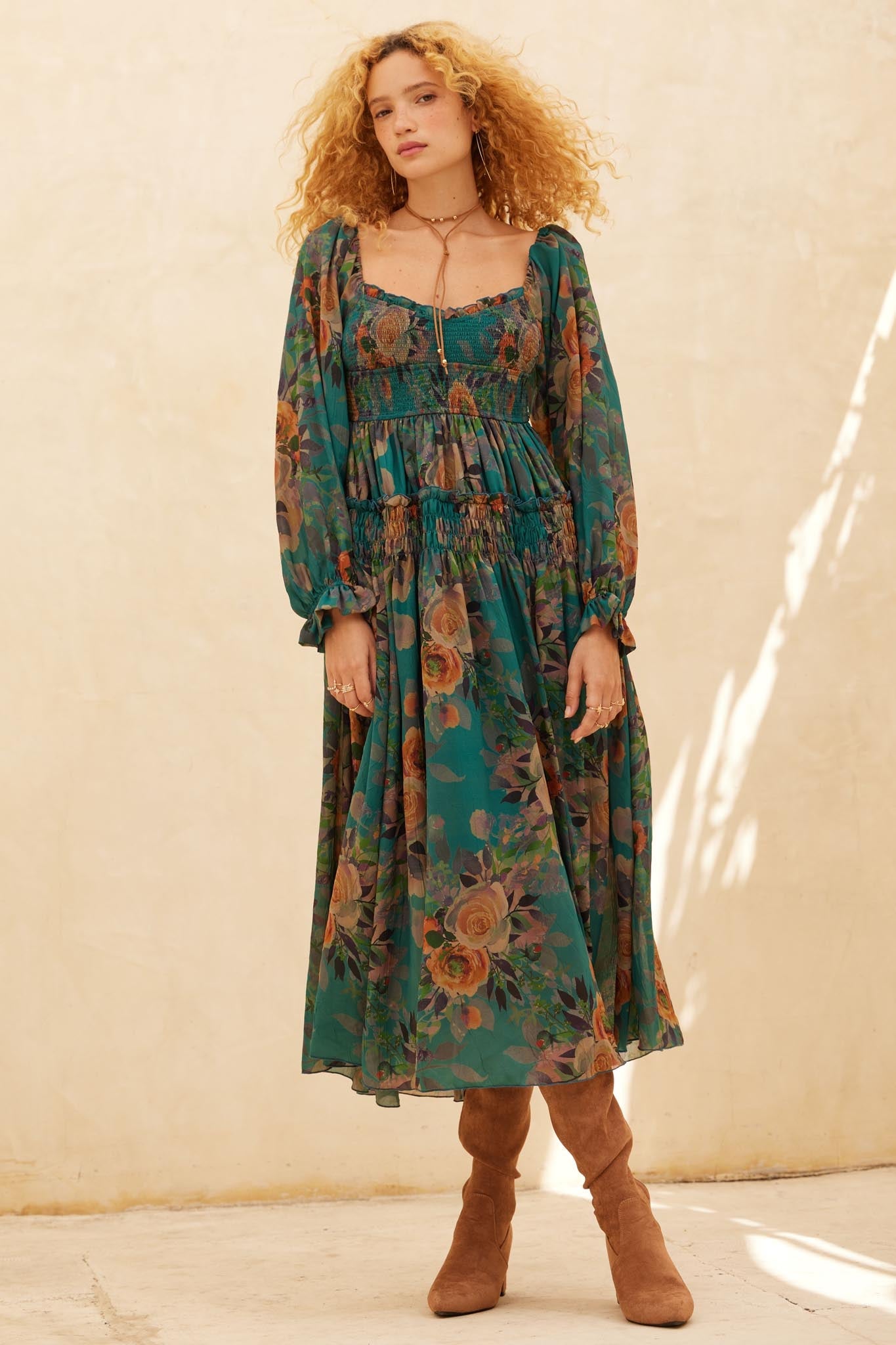 Wandering Rose Smocked Floral Chiffon Midi Dress - ShopPromesa