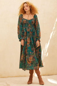 Wandering Rose Smocked Floral Chiffon Midi Dress - ShopPromesa